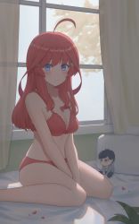 Rule 34 | 1girl, absurdres, ahoge, bed, between legs, blue eyes, blush, bra, breasts, cleavage, closed mouth, curtains, doll, foot out of frame, go-toubun no hanayome, hair ornament, hand between legs, highres, indoors, lace, lace-trimmed bra, lace trim, long hair, looking at viewer, medium breasts, nakano itsuki, panties, petals, pillow, red bra, red panties, shadow, sitting, solo, star (symbol), star hair ornament, uesugi fuutarou, underwear, underwear only, wariza, window, yihsien