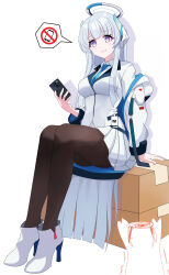 Rule 34 | 1girl, absurdres, blue archive, blue necktie, boots, box, breasts, brown pantyhose, cardboard box, cellphone, closed mouth, collared shirt, commentary, commentary request, formal, grey hair, halo, headphones, high heel boots, high heels, highres, holding, holding phone, jacket, long hair, long sleeves, looking at viewer, maxwelzy, medium breasts, necktie, noa (blue archive), off shoulder, pantyhose, phone, pleated skirt, purple eyes, school uniform, shirt, sidelocks, sitting, skirt, smartphone, smile, spoken object, suit, two-sided fabric, two-sided jacket, very long hair, white background, white footwear, white jacket, white shirt, white skirt, white suit