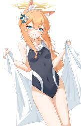 Rule 34 | 1girl, absurdres, black one-piece swimsuit, blue archive, blue eyes, blush, breasts, collarbone, covered navel, cowboy shot, flower, grin, hair between eyes, hair flower, hair ornament, halo, highres, kabocya na, long hair, mari (blue archive), one-piece swimsuit, orange hair, school swimsuit, simple background, small breasts, smile, solo, swimsuit, white background, white flower, yellow halo