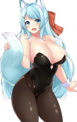 Rule 34 | 1girl, :d, animal ears, aqua hair, bare arms, bare shoulders, black leotard, blue eyes, bow, breasts, brown pantyhose, cleavage, cowboy shot, fox ears, fox girl, fox tail, groin, hair bow, hair ornament, hairclip, highres, holding tail, large breasts, leotard, long hair, looking at viewer, nontraditional playboy bunny, open mouth, original, pantyhose, playboy bunny, smile, sogaya, solo, strapless, strapless leotard, tail, very long hair, wrist cuffs