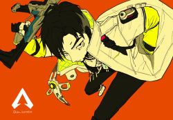Rule 34 | 1boy, animification, apex legends, assault rifle, black eyes, black hair, black pants, black shirt, crypto (apex legends), drone, gun, hack (apex legends), hand in pocket, holding, holding gun, holding weapon, jacket, jewelry, leaning forward, looking at viewer, male focus, necklace, pants, r-301 carbine, rifle, sanpaku, shirt, solo, twitter username, weapon, white jacket, za komeko