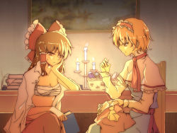 Rule 34 | 2girls, alice margatroid, bad id, bad pixiv id, blonde hair, book, brown hair, candle, chair, drawing (object), female focus, hakurei reimu, head rest, indoors, kaoru (alicemakoto), multiple girls, needle, open clothes, sarashi, sewing, short hair, sitting, table, thread, touhou