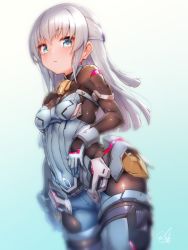 Rule 34 | 1girl, :&lt;, alice gear aegis, blue background, blue eyes, blue gloves, blurry, blurry foreground, blush, bodysuit, breasts, brown bodysuit, closed mouth, commentary request, covered navel, cowboy shot, doyouwantto, gloves, gradient background, grey hair, half gloves, half updo, legs together, long hair, looking at viewer, ochanomizu mirie, pink background, shiny clothes, sidelocks, signature, small breasts, solo, standing, straight hair