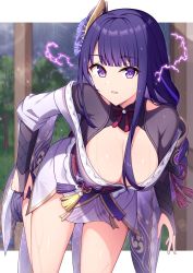 Rule 34 | 1girl, armor, braid, breasts, bridal gauntlets, bright pupils, cleavage, electricity, flower, genshin impact, hair flower, hair ornament, highres, japanese clothes, kimono, large breasts, long hair, looking at viewer, low-braided long hair, low-tied long hair, mole, obi, obijime, purple eyes, purple flower, purple hair, purple kimono, raiden shogun, rain, sash, shoulder armor, solo, t@ke-g, tomoe (symbol), undressing, very long hair, wet, wet clothes