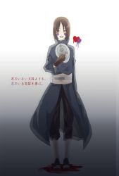 Rule 34 | 1girl, bad id, bad pixiv id, blood, brown eyes, brown hair, cloak, cosplay, costume switch, facial mark, full body, gloves, heart, holding, holding mask, japanese text, looking at viewer, mask, unworn mask, naruto (series), naruto shippuuden, nohara rin, short hair, smile, solo, suzu (tg 390), szk sssk, text focus, translation request, uchiha obito, uchiha obito (cosplay), white background