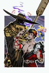 Rule 34 | 2boys, ancient greek clothes, belt, black hair, black sclera, charon (hades), colored sclera, crossed arms, english text, gift card, greco-roman clothes, green eyes, hades (series), hades 1, hat, heterochromia, highres, jiao mao, laurel crown, male focus, multiple boys, oar, open mouth, purple eyes, red eyes, robe, skull, smile, sparkle, zagreus