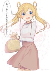 Rule 34 | 1girl, abukuma (kancolle), alternate costume, bag, blonde hair, blue eyes, brown skirt, commentary request, cowboy shot, double bun, flat chest, hair bun, hair rings, kantai collection, long hair, looking at viewer, open mouth, ribbed sweater, skirt, solo, suspender skirt, suspenders, sweater, translated, white background, white sweater, yamashichi (mtseven)