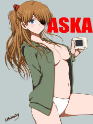Rule 34 | 1girl, arm behind back, bare legs, blue eyes, blush, breasts, brown hair, character name, commentary request, cowboy shot, evangelion: 3.0+1.0 thrice upon a time, eyepatch, from side, green jacket, grey background, hair over one eye, hand up, holding, jacket, long hair, long sleeves, looking at viewer, medium breasts, navel, neon genesis evangelion, niwatori kokezou, no bra, open clothes, open jacket, panties, rebuild of evangelion, signature, simple background, solo, souryuu asuka langley, underwear, white panties