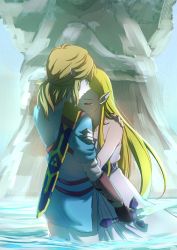 Rule 34 | 1boy, 1girl, artist request, bare arms, bare shoulders, blonde hair, closed eyes, couple, crying, day, dress, elf, gloves, hair ornament, hairclip, hetero, highres, holding, holding sword, holding weapon, hug, jewelry, light brown hair, link, long dress, long hair, master sword, neck, necklace, nintendo, outdoors, pointy ears, ponytail, princess zelda, short hair, silent princess, standing, statue, straight hair, strapless, strapless dress, sword, tears, the legend of zelda, the legend of zelda: breath of the wild, triforce, tunic, very long hair, water, weapon, wet, wet clothes, white dress