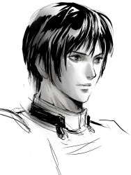 Rule 34 | 1boy, closed mouth, collar, expressionless, greyscale, ko san, looking away, male focus, monochrome, rush sykes, simple background, sketch, solo, the last remnant, uniform, upper body, white background