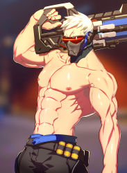 Rule 34 | 1boy, abs, assault rifle, belt pouch, explosive, grenade, gun, highres, lvlv, male focus, mask, mouth mask, muscular, nipples, overwatch, overwatch 1, pectorals, pouch, rifle, scar, scar across eye, scar on face, short hair, soldier: 76 (overwatch), solo, topless male, visor, weapon