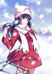 Rule 34 | 00s, 1girl, beanie, blue eyes, blue hair, blurry, coat, creatures (company), dawn (pokemon), dawn (pokemon platinum), depth of field, game freak, hair ornament, hairclip, hat, highres, long hair, matching hair/eyes, nintendo, pokemon, pokemon dppt, red coat, scarf, snowing, solo, transistor, white scarf, wind, winter, winter clothes, winter coat