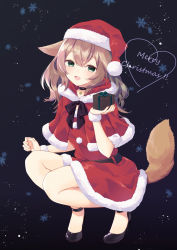 Rule 34 | 1girl, :d, animal ears, black bow, black footwear, blush, bow, box, capelet, christmas, commentary request, dress, full body, fur-trimmed capelet, fur-trimmed dress, fur-trimmed headwear, fur-trimmed hood, fur trim, gift, gift box, green eyes, hand up, hat, heart, holding, holding gift, hood, hood down, hooded capelet, merry christmas, open mouth, original, purin jiisan, red capelet, red dress, red hat, santa costume, santa hat, shoes, smile, solo, squatting, standing, tail, tail raised, tiptoes