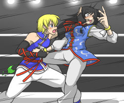 Rule 34 | 1boy, 1girl, arena, black hair, blue eyes, blue hair, blush, breasts, chinese clothes, dead or alive, elbow gloves, eliot (doa), gloves, kokoro (doa), large breasts, long hair, looking at another, open mouth, ryona, sakasa gurasan, sweat, traditional clothes, violence