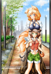 Rule 34 | 2girls, :o, adapted costume, animal ears, bag, blonde hair, blue eyes, breast rest, breasts, breasts on head, brown hair, cat ears, cat girl, cat tail, chen, city, cleavage, contemporary, day, earrings, female focus, fox ears, fox tail, grass, green eyes, head tilt, height difference, hood, hoodie, hug, hug from behind, jewelry, kemu inu, lamppost, long skirt, looking at viewer, medium breasts, midriff, multiple girls, multiple tails, necklace, outdoors, puffy sleeves, short hair, shorts, shoulder bag, skirt, sky, smile, tail, touhou, tree, yakumo ran