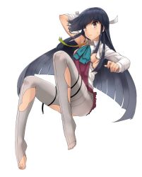 Rule 34 | 10s, 1girl, arm behind head, arm up, bad id, bad pixiv id, barefoot, black hair, blue bow, blue bowtie, bow, bowtie, breasts, brown eyes, burnt clothes, collared shirt, commentary, convenient leg, feet, foreshortening, full body, grey pantyhose, hayashimo (kancolle), highres, invisible chair, jpeg artifacts, kantai collection, long hair, long sleeves, looking at viewer, no bra, osananajimi neko, pantyhose, plantar flexion, purple skirt, revision, shirt, sideboob, sidelocks, sitting, skirt, small breasts, solo, straight hair, sweat, swept bangs, thigh strap, thighband pantyhose, toes, torn clothes, torn pantyhose, torn skirt, very long hair, wing collar