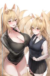 Rule 34 | 2girls, 3:, :d, absurdres, animal ears, arm under breasts, asymmetrical docking, black jacket, black necktie, black panties, black thighhighs, black vest, blonde hair, blush, breast envy, breast hold, breast press, breasts, cleavage, closed mouth, collared shirt, commentary request, cowboy shot, fox ears, fox tail, hair between eyes, hand on own face, hand up, highres, huge breasts, jacket, korean commentary, lillly, long hair, long sleeves, looking at viewer, looking to the side, medium breasts, mother and daughter, multiple girls, multiple tails, necktie, no pants, novel illustration, official art, open mouth, original, panties, pleated skirt, raised eyebrows, red eyes, school uniform, shirt, sidelocks, simple background, skirt, smile, sweatdrop, tail, taut clothes, taut jacket, teeth, thighhighs, underwear, upper teeth only, v-shaped eyebrows, vest, white background, white shirt, yellow tail, zettai ryouiki