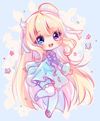 Rule 34 | 1girl, :d, ahoge, artist name, blonde hair, blue dress, blue eyes, blue pantyhose, blush, borrowed character, bow, bowtie, bridal garter, chibi, commission, dress, floral background, flower, heart, heart-shaped pupils, heterochromia, hyanna-natsu, leg up, long sleeves, looking at viewer, open mouth, original, pantyhose, purple bow, purple bowtie, purple eyes, round teeth, smile, solo, standing, symbol-shaped pupils, teeth, wide sleeves, winged hair ornament