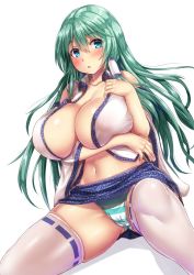 Rule 34 | 1girl, aqua panties, arm under breasts, bad id, bad twitter id, bare shoulders, blue eyes, blue skirt, blush, breasts, cameltoe, collarbone, commentary request, covered erect nipples, detached sleeves, ebi 193, feet out of frame, gluteal fold, green hair, hair between eyes, hair tubes, hand on own chest, hand up, huge breasts, kochiya sanae, long hair, long sleeves, looking at viewer, miniskirt, navel, open clothes, open shirt, panties, parted lips, shiny skin, shirt, simple background, single sidelock, sitting, skindentation, skirt, solo, stomach, striped clothes, striped panties, thighhighs, thighs, touhou, underwear, white background, white panties, white shirt, white thighhighs, wide sleeves, wing collar