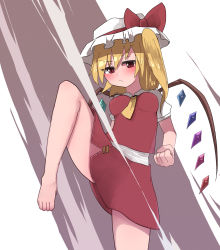 Rule 34 | 1girl, ascot, barefoot, blonde hair, blush, bow, closed mouth, cowboy shot, crystal, flandre scarlet, frown, hair between eyes, hat, hat ribbon, highres, medium hair, mob cap, one side up, puffy short sleeves, puffy sleeves, red bow, red eyes, red ribbon, red skirt, red vest, ribbon, shirt, short sleeves, skirt, solo, standing, standing on one leg, topadori, touhou, v-shaped eyebrows, vest, white background, white shirt, wings, yellow ascot