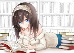 Rule 34 | 10s, 1girl, :o, black hair, blue eyes, blush, book, book stack, bookshelf, breasts, cleavage, hairband, highres, holding, holding book, idolmaster, idolmaster cinderella girls, jewelry, large breasts, long hair, lying, nanakusa (user rnpt7322), necklace, off-shoulder, off-shoulder sweater, on stomach, pendant, ribbed sweater, sagisawa fumika, sweater