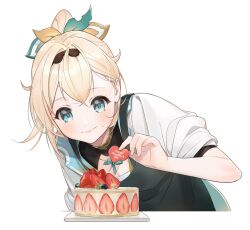 Rule 34 | 1girl, apron, aqua eyes, black apron, black hairband, blonde hair, cake, cake decoration, closed mouth, double-parted bangs, food, fruit, gold trim, hair behind ear, hair between eyes, hair intakes, hair ornament, hairband, heart, highres, holding, holding heart, hololive, jacket, kazama iroha, kazama iroha (1st costume), leaf hair ornament, light blush, looking at object, looking down, ponytail, simple background, sleeves rolled up, smile, solo, strawberry, strawberry cake, upper body, valentine, virtual youtuber, white background, white jacket, zeroperpect