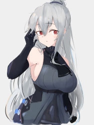 Rule 34 | 1girl, alternate hairstyle, arknights, arm up, armpits, ascot, asususususu, bare shoulders, black ascot, black gloves, black pants, black shirt, black sleeves, breasts, commentary request, detached sleeves, elbow gloves, gloves, grey background, hair between eyes, hand in own hair, head tilt, highres, large breasts, long hair, pants, ponytail, red eyes, shirt, sideways glance, silver hair, simple background, skadi (arknights), sleeveless, sleeveless shirt, solo, upper body, very long hair