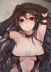 Rule 34 | 1girl, armpits, arms up, bare shoulders, black dress, board game, breasts, brown hair, center opening, choker, collarbone, dress, ear piercing, earrings, fate/grand order, fate (series), glasses, go (board game), highres, jewelry, long hair, looking at viewer, medium breasts, navel, piercing, purin uni, red eyes, revealing clothes, solo, strapless, strapless dress, very long hair, yu mei-ren (fate)