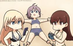 Rule 34 | 3girls, alternate costume, aoba (kancolle), bare arms, bare legs, bare shoulders, bikini, bismarck (kancolle), blonde hair, blue eyes, bound, breasts, brown eyes, brown hair, camera, cellphone, cleavage, commentary, dated, from above, from side, hamu koutarou, highres, kantai collection, long hair, looking down, lying, medium breasts, messy hair, midriff, multiple girls, navel, on back, ooi (kancolle), open mouth, outdoors, phone, ponytail, purple hair, sand, scrunchie, shaded face, signature, small breasts, smartphone, sweat, nervous sweating, swimsuit, tied up (nonsexual), x navel