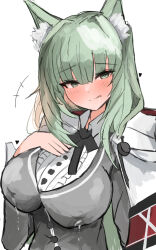 Rule 34 | +++, 1girl, :q, animal ear fluff, animal ears, arknights, black ribbon, blush, breast suppress, breasts, buttons, cape, cardigan, cat ears, cat girl, center frills, closed mouth, collared shirt, come hither, commentary request, frills, green eyes, green hair, grey cardigan, hair between eyes, hand on own chest, hand up, harmonie (arknights), heart, highres, in heat, lactation, lactation through clothes, large breasts, licking lips, long hair, long sleeves, looking at viewer, neck ribbon, ribbon, saliva, shirt, simple background, sketch, solo, split mouth, sunaneko, tongue, tongue out, upper body, white background, white cape, white shirt