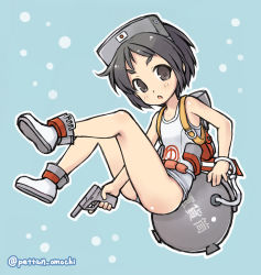 Rule 34 | 1girl, black hair, blue background, boots, brown eyes, diving mask, diving mask on head, full body, goggles, goggles on head, gun, highres, kantai collection, looking at viewer, maru-yu (kancolle), military, military vehicle, motor vehicle, omochi (pettan omochi), one-piece swimsuit, parted bangs, school swimsuit, short hair, solo, swimsuit, tank, thick eyebrows, twitter username, underwater, weapon, white one-piece swimsuit, white school swimsuit