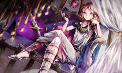 Rule 34 | 1boy, blonde hair, blue eyes, earrings, eim (gaziko), highres, jewelry, long hair, magi the labyrinth of magic, pillow, smoking pipe, sitting, smile, sword, titus alexius, weapon