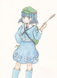 Rule 34 | 1girl, backpack, bag, black ribbon, blue eyes, blue footwear, blue hair, boots, cattail, collared shirt, colored pencil (medium), dress shirt, frilled shirt collar, frills, hair bobbles, hair ornament, hand on own hip, hand up, hat, highres, kawashiro nitori, key, long sleeves, looking at viewer, matching hair/eyes, plant, pocket, ribbon, rubber boots, shirt, short hair, simple background, skirt, skirt set, smile, solo, touhou, traditional media, twintails, two side up, white background, white shirt, yamazaki makoto na
