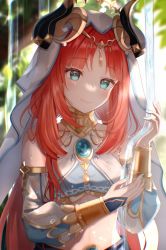 Rule 34 | 1girl, aqua eyes, blurry, blurry background, branch, closed mouth, commentary request, dancer, detached sleeves, fake horns, forehead jewel, genshin impact, gold trim, harem outfit, highres, horns, leaf, long hair, low twintails, midriff, nasii, nilou (genshin impact), parted bangs, pouring, red hair, revision, smile, solo, twintails, upper body, veil, water, wet