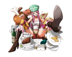 Rule 34 | 1girl, blue eyes, bodskih, boots, breasts, brown footwear, cleavage, collarbone, eating, food, full body, green hat, grin, hat, high heel boots, high heels, jewelry bonney, knee boots, large breasts, long hair, looking at viewer, midriff, navel, one piece, one piece treasure cruise, orange shorts, pink hair, pizza, shiny skin, shirt, short shorts, shorts, sitting, sleeveless, sleeveless shirt, smile, solo, stomach, suspender shorts, suspenders, thighhighs, transparent background, white shirt
