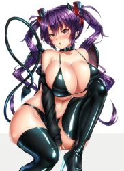 Rule 34 | 1girl, bare shoulders, bikini, black bikini, black thighhighs, blush, boots, breasts, choker, cleavage, demon girl, demon horns, demon tail, hair ribbon, high heel boots, high heels, highres, horns, huge breasts, keita (tundereyuina), leather, leather bikini, leather boots, leather top, long hair, looking at viewer, navel, off shoulder, open mouth, original, purple hair, red eyes, ribbon, shiny clothes, shiny skin, simple background, sleeves past wrists, solo, swimsuit, tail, thigh boots, thighhighs, twintails, white background
