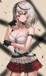Rule 34 | 1girl, absurdres, arm strap, belt, black belt, black gloves, black hair, braid, breasts, camisole, cleavage, closed mouth, fang, fingerless gloves, frills, garter straps, gloves, grey hair, hair ornament, hairclip, hand up, highres, hololive, large breasts, looking at viewer, medium hair, melreon, miniskirt, multicolored hair, multiple belts, plaid, plaid skirt, red eyes, red skirt, sakamata chloe, skirt, solo, streaked hair, virtual youtuber, white camisole, x hair ornament