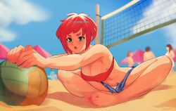 Rule 34 | 1girl, ball, bare shoulders, barefoot, beach volleyball, bent over, blurry, breasts, cleavage, commission, day, denim, denim shorts, depth of field, downblouse, green eyes, indian style, medium breasts, open fly, original, panties, pantyshot, red hair, sand, short hair, short shorts, shorts, sitting, soft focus, solo focus, squeezable (squeezabledraws), strapless, stretching, swept bangs, thick eyebrows, toenails, toes, tube top, underwear, volleyball, volleyball (object), volleyball net, white panties