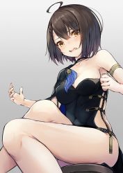 Rule 34 | 1girl, ahoge, armlet, azur lane, baltimore (azur lane), baltimore (evening breeze minuet) (azur lane), black dress, blush, braid, breasts, brown hair, choker, cleavage, covered navel, dress, eorx, evening gown, grey background, hair between eyes, hands up, highres, looking at viewer, medium breasts, open mouth, short hair, side slit, simple background, single bare shoulder, sitting, solo, thighs, yellow eyes
