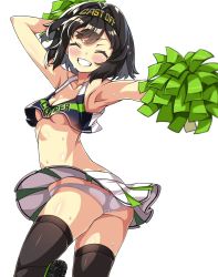 Rule 34 | 1girl, alternate costume, armpits, ass, azur lane, black hair, black thighhighs, blush, breasts, butt crack, character name, cheering, cheerleader, clothes writing, collarbone, commentary request, cooper (azur lane), crop top, crop top overhang, grin, hairband, highres, holding, holding pom poms, macaroni hourensou, midriff, miniskirt, open mouth, panties, pantyshot, pleated skirt, pom pom (cheerleading), pom poms, shirt, shoes, short hair, simple background, skirt, sleeveless, sleeveless shirt, small breasts, smile, sneakers, solo, sweat, teeth, thighhighs, twisted torso, underboob, underwear, white background, white panties, white shirt, white skirt