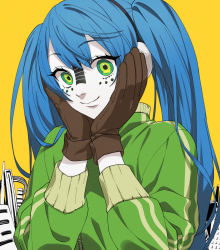 Rule 34 | 1girl, blue hair, brown gloves, building, closed mouth, colored skin, eyelashes, facepaint, flat chest, gloves, green eyes, green jacket, hair between eyes, hands on own cheeks, hands on own face, hands up, happy, hatsune miku, head tilt, headphones, high collar, highres, jacket, long eyelashes, long hair, looking at viewer, matryoshka (vocaloid), multicolored eyes, ringed eyes, simple background, smile, solo, straight hair, sumino akasuke, tareme, track jacket, twintails, upper body, very long hair, vocaloid, wavy mouth, white skin, yellow background, zipper