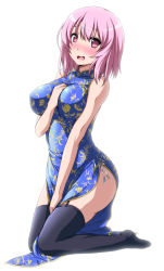 Rule 34 | 1girl, alternate costume, arm between breasts, between breasts, black thighhighs, blush, breasts, china dress, chinese clothes, dress, garter straps, highres, impossible clothes, large breasts, looking at viewer, nori tamago, open mouth, pink eyes, pink hair, saigyouji yuyuko, short hair, simple background, solo, thighhighs, touhou, white background