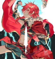 Rule 34 | 1boy, alexander (fate), angye fdez, armor, braid, breastplate, cape, clenched hands, closed mouth, earrings, fate/grand order, fate (series), gloves, jewelry, lightning, lightning bolt symbol, long hair, looking at viewer, male focus, red eyes, red hair, single braid, solo
