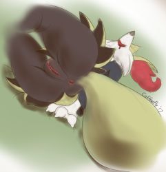 Rule 34 | 1girl, 2017, animal ears, anus, artist name, ass, blue shirt, bottomless, braixen, clitoris, coffeefly, creatures (company), dated, drooling, female focus, fox ears, fox tail, from behind, furry, furry female, game freak, gen 6 pokemon, gradient background, green background, long sleeves, lying, nintendo, on side, pokemon, pokemon (creature), pokemon xy, pussy, shirt, signature, simple background, smile, solo, tail, text focus, uncensored