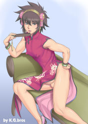 Rule 34 | androgynous, blush, brown eyes, brown hair, china dress, chinese clothes, covered erect nipples, crossdressing, dress, gender request, hairband, highres, kakugari kyoudai, lips, looking at viewer, penis, precum, solo, trap