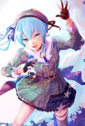 Rule 34 | 1girl, :d, beret, black gloves, blue eyes, blue hair, commentary, etomina, gloves, grey hat, grey jacket, grey skirt, hat, highres, hololive, hoshimachi suisei, hoshimachi suisei (1st costume), jacket, looking at viewer, microphone, open mouth, partially fingerless gloves, pentagram, plaid, plaid headwear, plaid jacket, plaid skirt, single thighhigh, skirt, smile, solo, star (symbol), star in eye, symbol in eye, thighhighs, virtual youtuber