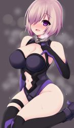 Rule 34 | 1girl, :d, adjusting clothes, adjusting leotard, arm at side, bare shoulders, black gloves, black leotard, black thighhighs, blush, boots, breasts, breasts apart, breath, cleavage, cleavage cutout, clothing cutout, elbow gloves, eyes visible through hair, fate/grand order, fate (series), from side, full body, gloves, gorget, grey background, groin, hair over one eye, halterneck, hand on own chest, happy, heavy breathing, highleg, highleg leotard, highres, hip focus, impossible clothes, impossible leotard, knees together feet apart, kuro mushi, large breasts, lens flare, leotard, looking at viewer, mash kyrielight, multicolored clothes, multicolored gloves, navel, navel cutout, nose blush, open mouth, pinky out, purple eyes, purple gloves, purple hair, short hair, sideboob, silver hair, simple background, sitting, skin tight, smile, solo, sweat, thigh strap, thighhighs, thighs, wariza
