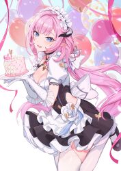 Rule 34 | 1girl, absurdres, apron, back bow, balloon, black footwear, blue eyes, bow, breasts, cake, cleavage, elysia (honkai impact), food, frilled gloves, frills, gloves, highres, holding, holding plate, honkai (series), honkai impact 3rd, long hair, looking at viewer, maid, maid apron, maid headdress, mary janes, medium breasts, open mouth, pink hair, pink pupils, plate, pointy ears, shoes, short sleeves, smile, standing, standing on one leg, teeth, thighhighs, upper teeth only, white apron, white bow, white gloves, white thighhighs, yu-ri (arium047)