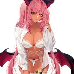 Rule 34 | 1girl, animal ears, black bow, bow, bow panties, bra, breasts, brown eyes, cleavage, closed mouth, collarbone, collared shirt, dark-skinned female, dark skin, eyelashes, facial mark, garter belt, heart, heart facial mark, highres, indie virtual youtuber, lace garter belt, large breasts, leaning forward, long hair, long sleeves, low wings, navel, open clothes, open shirt, panties, pink hair, raituna, second-party source, shirt, solo, thigh gap, thighhighs, trickywi, underwear, virtual youtuber, white bra, white garter belt, white shirt, white thighhighs, wings