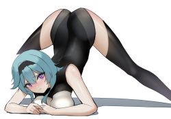 Rule 34 | 1girl, arched back, ass, bare shoulders, black leotard, black thighhighs, blue hair, breast press, breasts, closed mouth, commentary, cropped legs, eula (genshin impact), flexible, genshin impact, hair between eyes, hairband, jack-o&#039; challenge, large breasts, leotard, looking at viewer, purple eyes, raised eyebrows, shadow, simple background, solo, spread legs, terebi (shimizu1996), thighhighs, thighs, white background